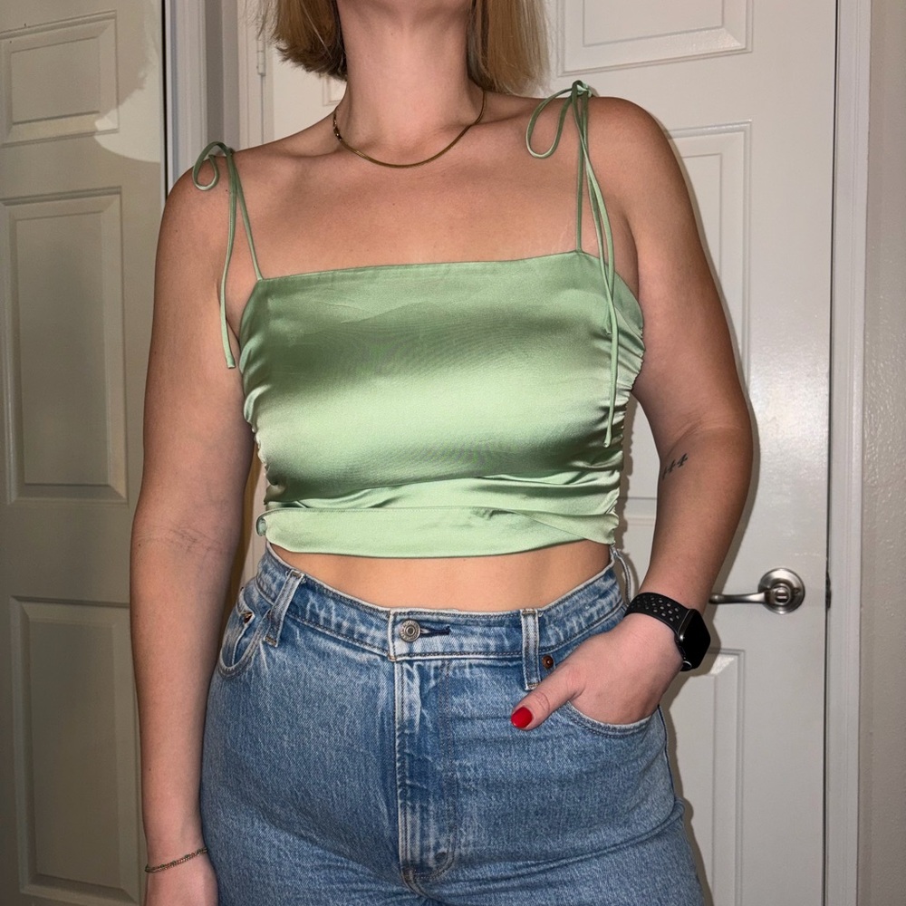 Urban Outfitters Satin Tie-Strap Crop Top in Light Green